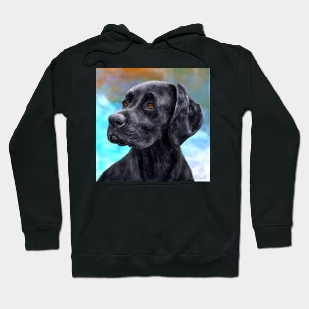 Painting of a Black Labrador on a Blue and Brown Background Hoodie by ibadishi